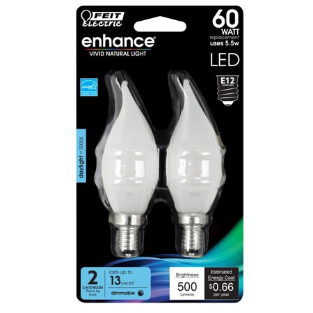 Feit Electric Feit Enhance CA10 (Flame Tip) E12 (Candelabra) Filament LED Bulb Daylight 60 Watt Equivalence 2 pk BPCFF60950CAFL2